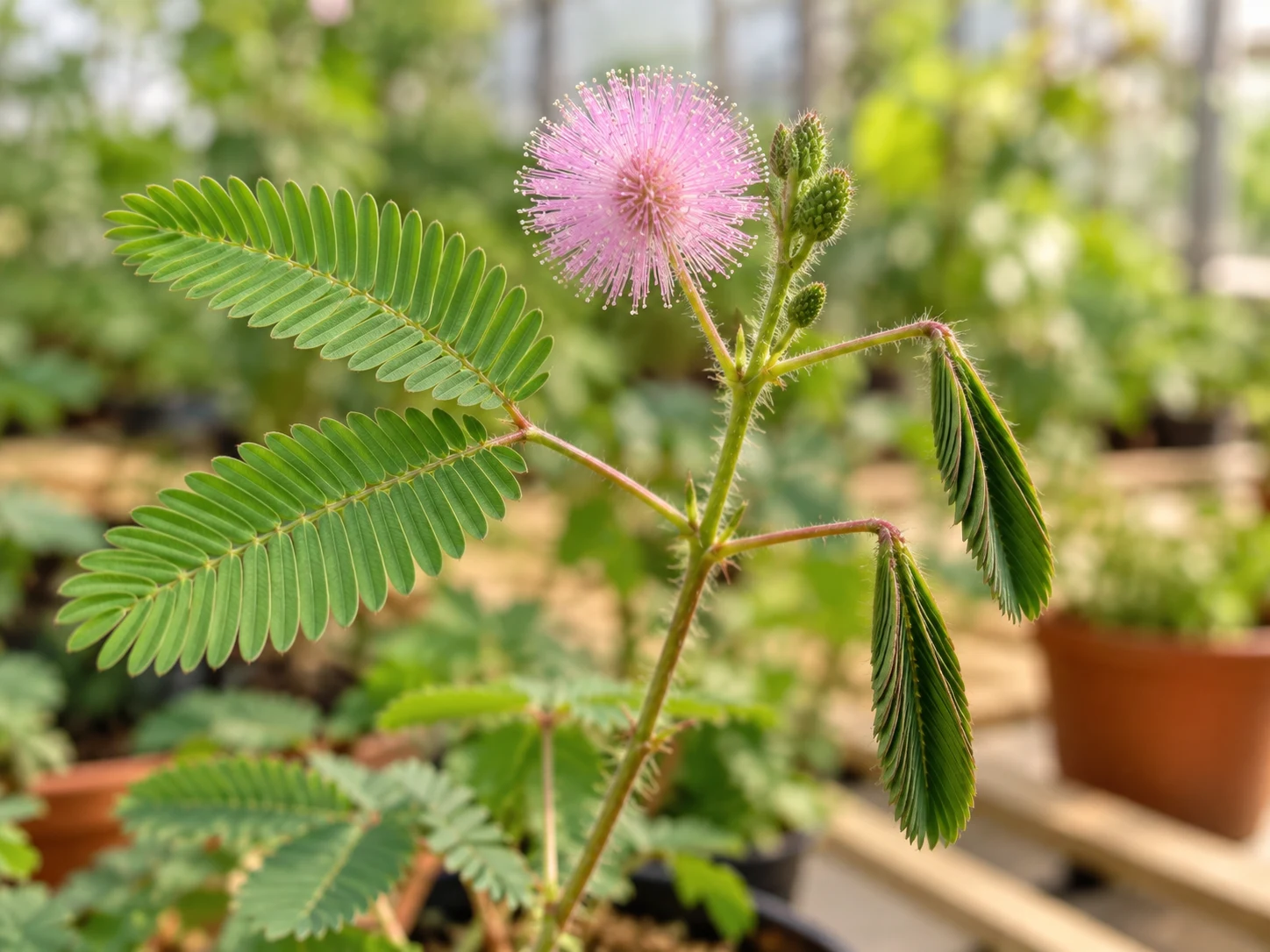 A sensitive plant with open and folded feathery leaves beside a round pink flower