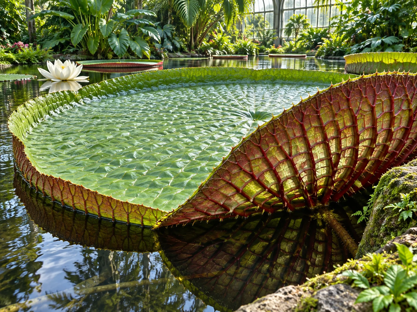 A giant green waterlily leaf with part of its red ribbed underside lifted above a pond
