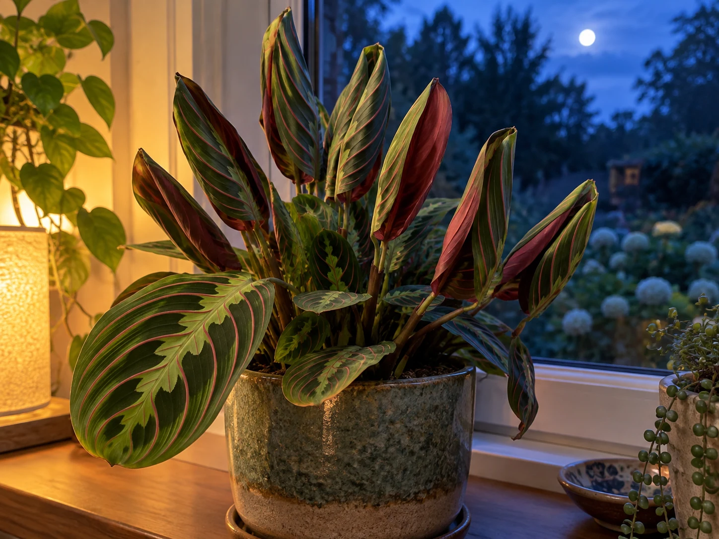 A potted prayer plant holding most of its striped leaves upright and folded at night
