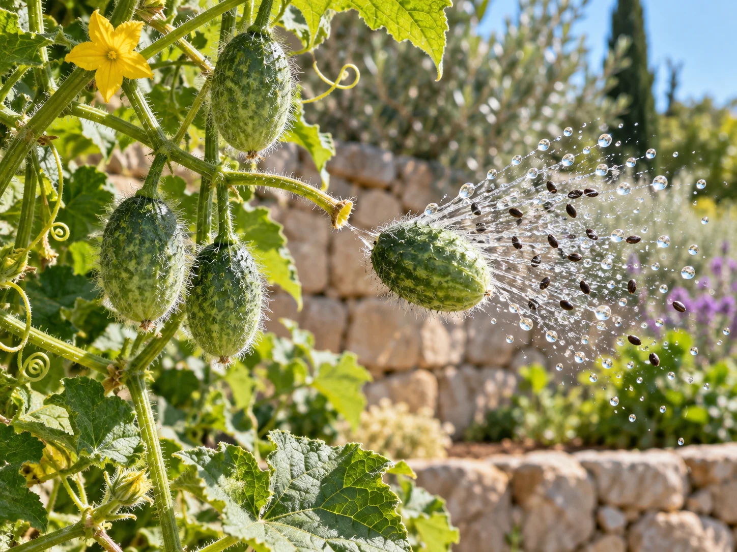 A small green cucumber fruit spraying clear droplets and dark seeds from its stem