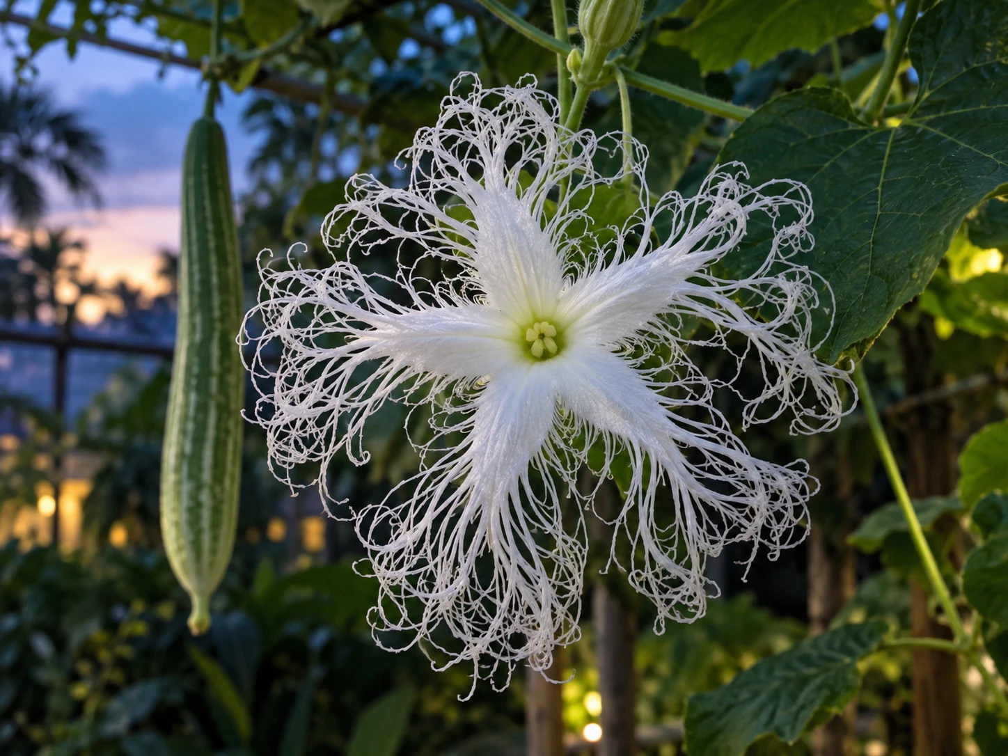 A white snake gourd flower with long lace-like fringes opening beside a green gourd