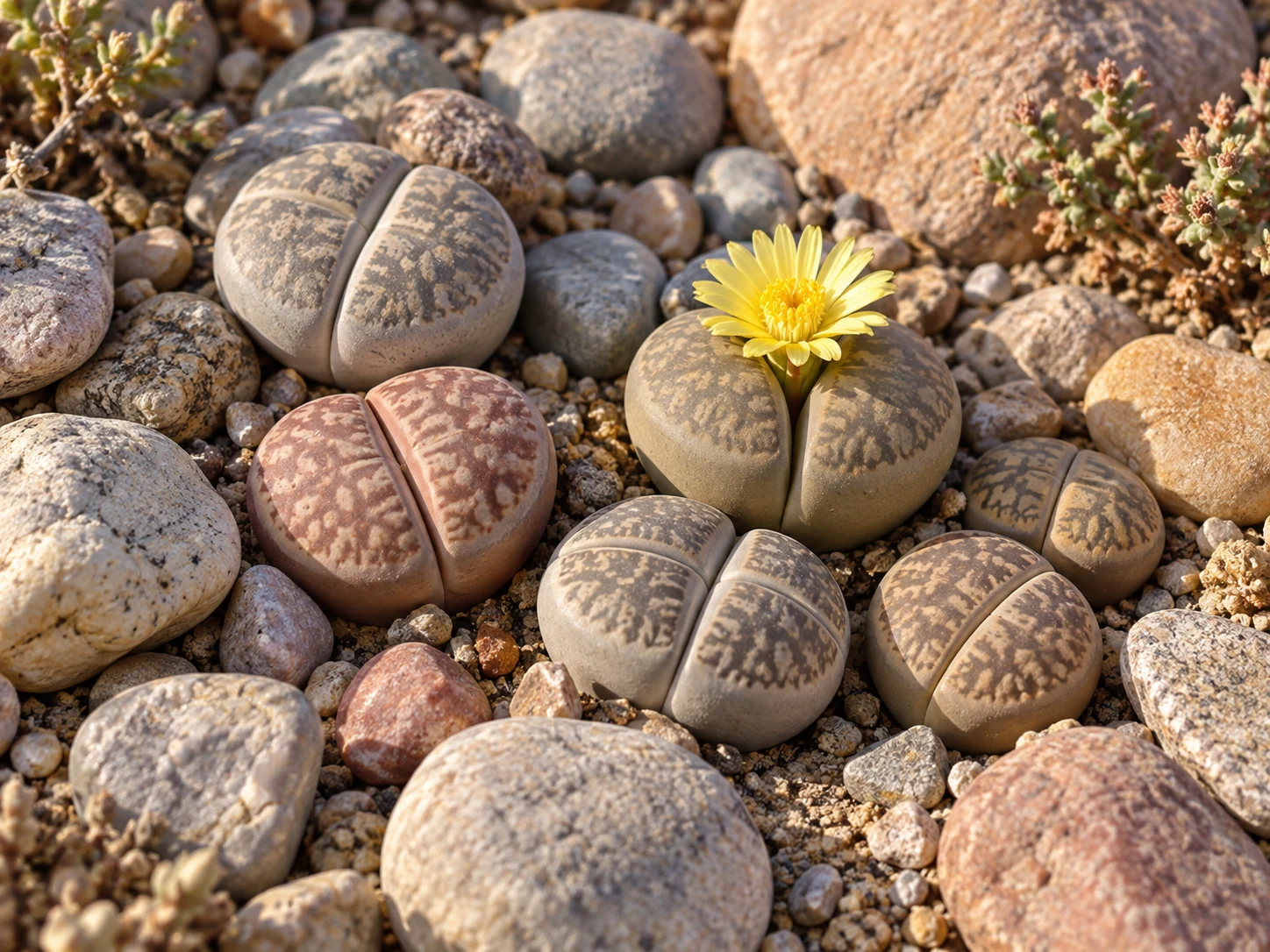 Patterned Lithops succulents blending among smooth gray and tan pebbles