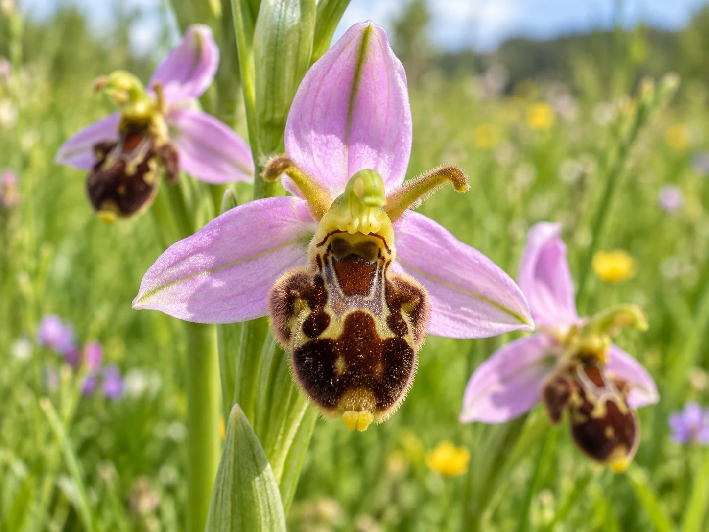 A pink bee orchid flower with a fuzzy brown center shaped like a small bee