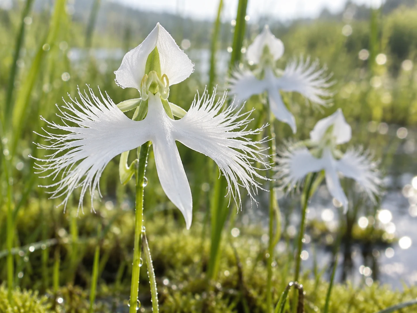 A white egret orchid flower with fringed petals shaped like a bird with spread wings