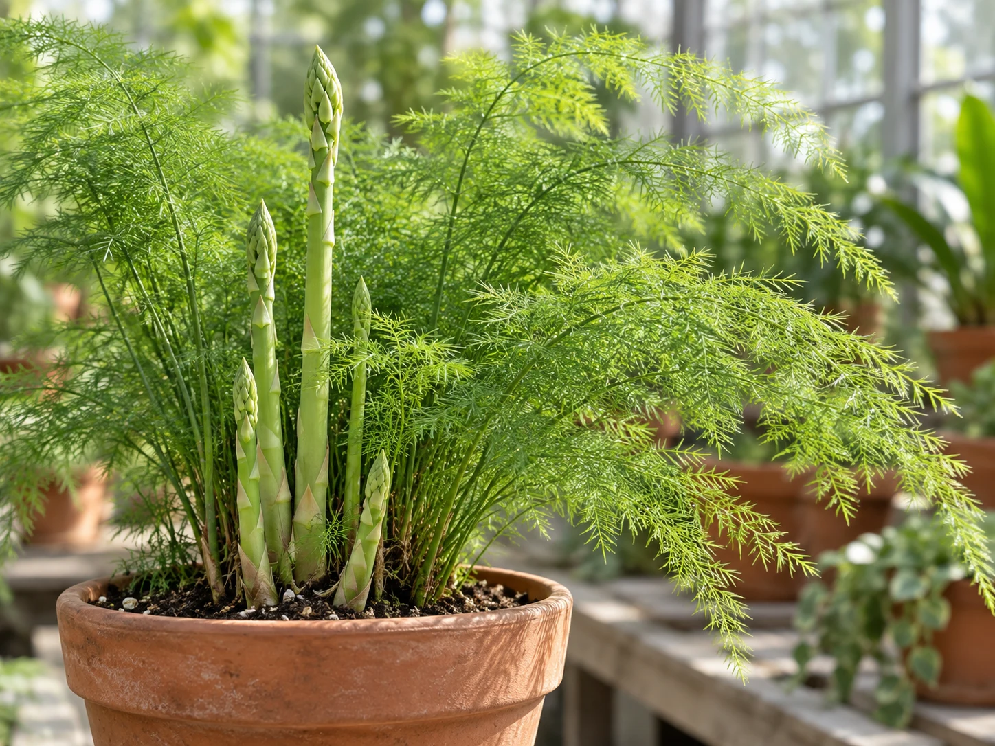A potted asparagus fern with upright new shoots and mature sprays of fine green branchlets