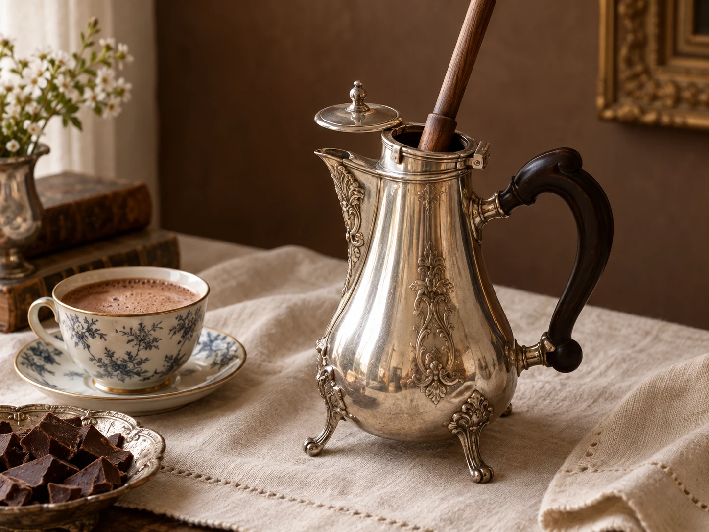 An ornate silver chocolate pot with its small lid cover open and a wooden stirring stick inside