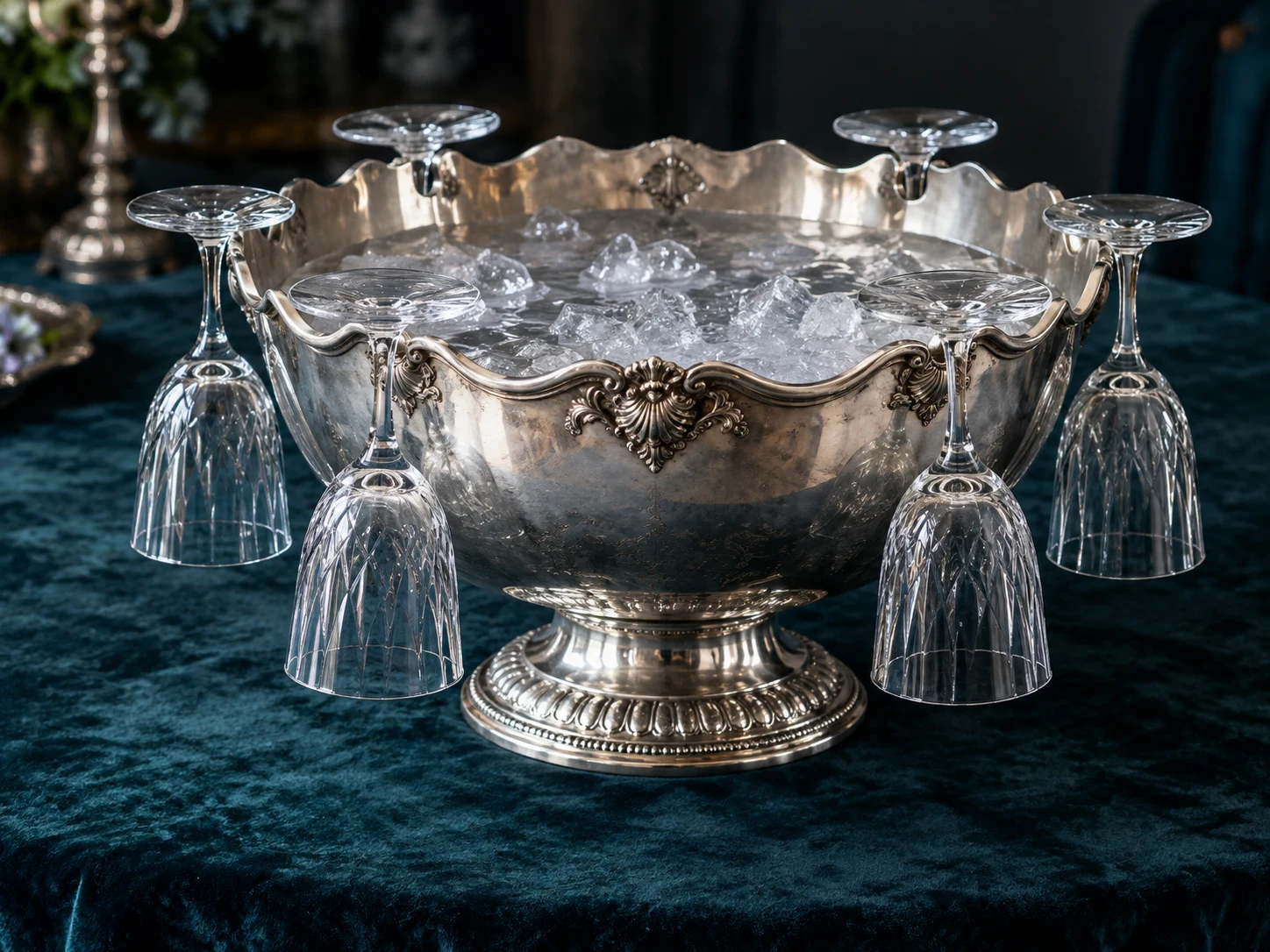 A scalloped silver bowl of ice water holding several wine glasses upside down around its rim