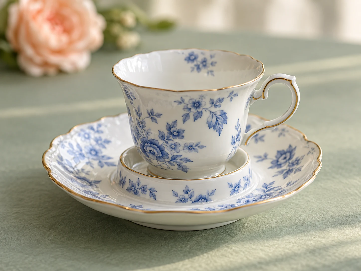 A blue-and-white porcelain cup held inside the raised circular ring of its matching saucer