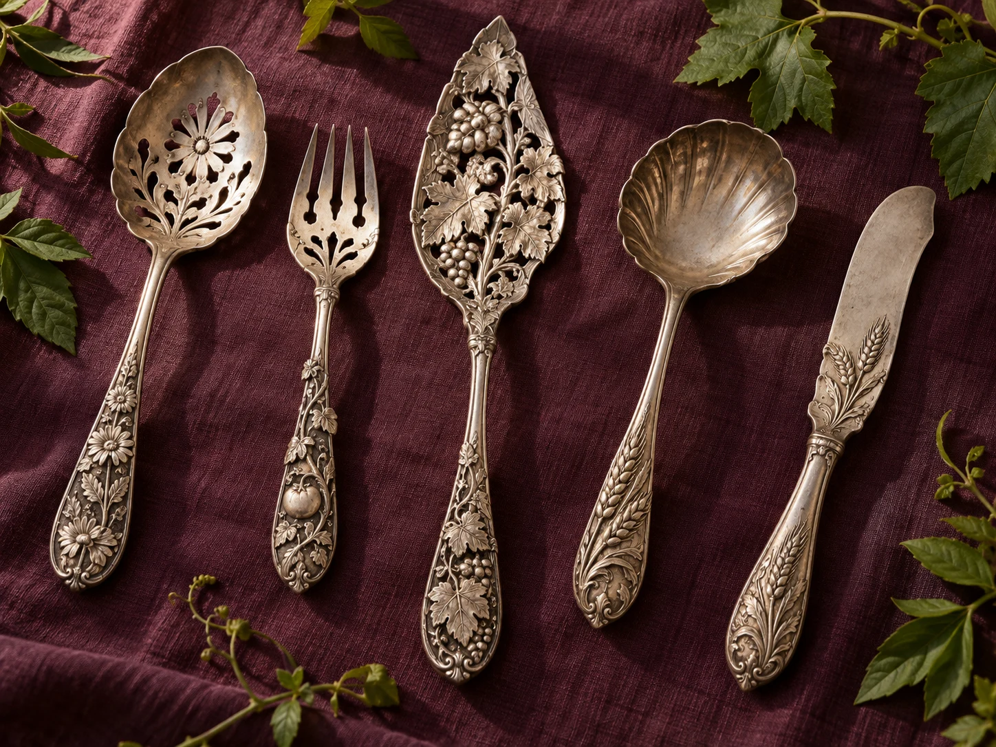 Five ornate silver utensils decorated with different flowers, fruits and leaves on plum cloth