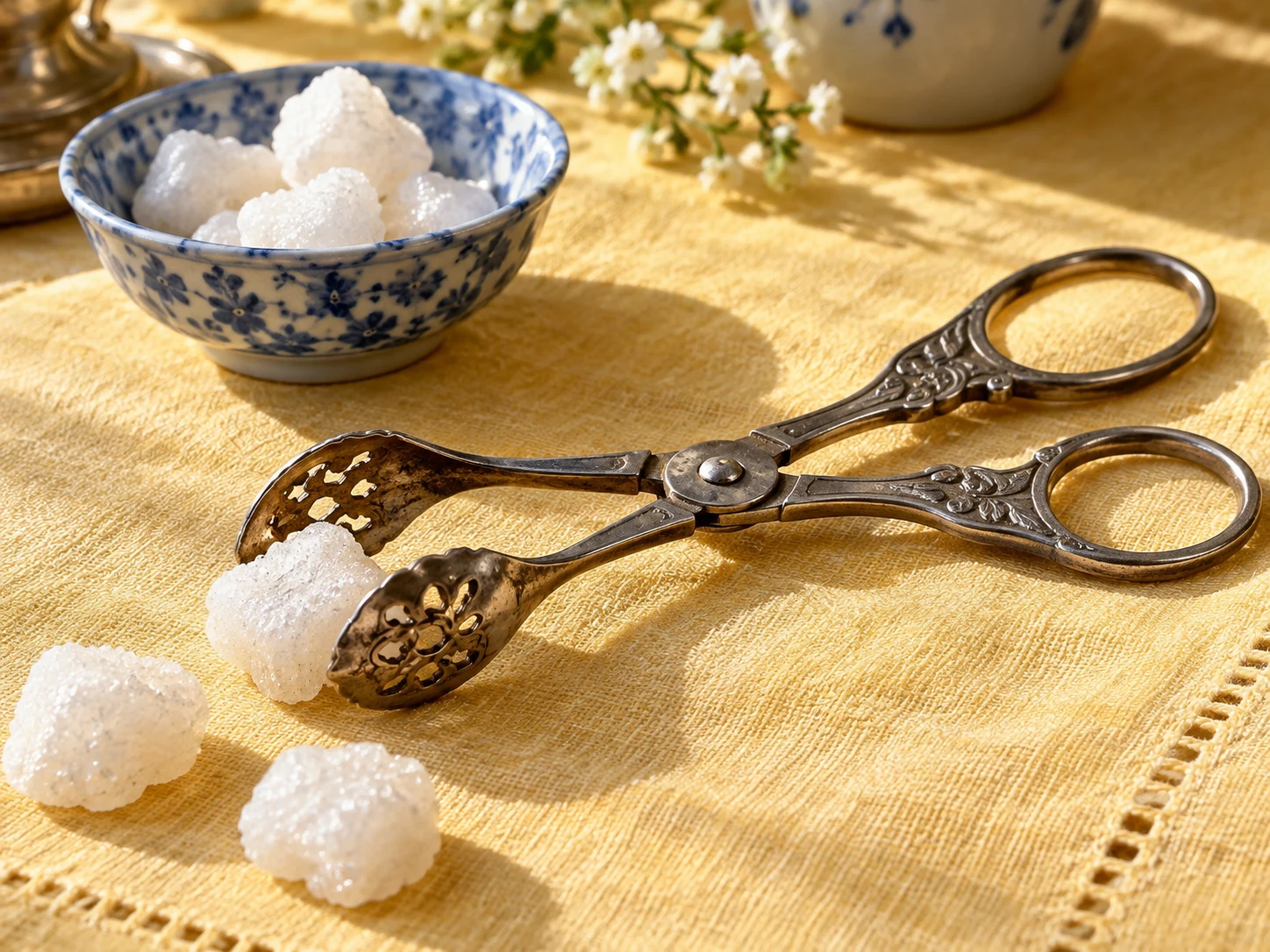 Antique metal sugar nippers beside rough white sugar lumps on sunny yellow linen