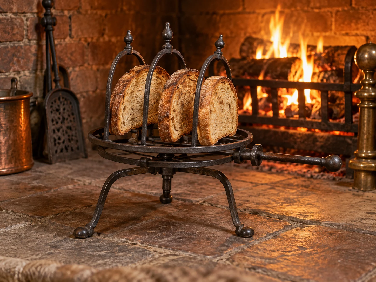 Three bread slices standing in an arched iron rotating rack before a glowing brick hearth
