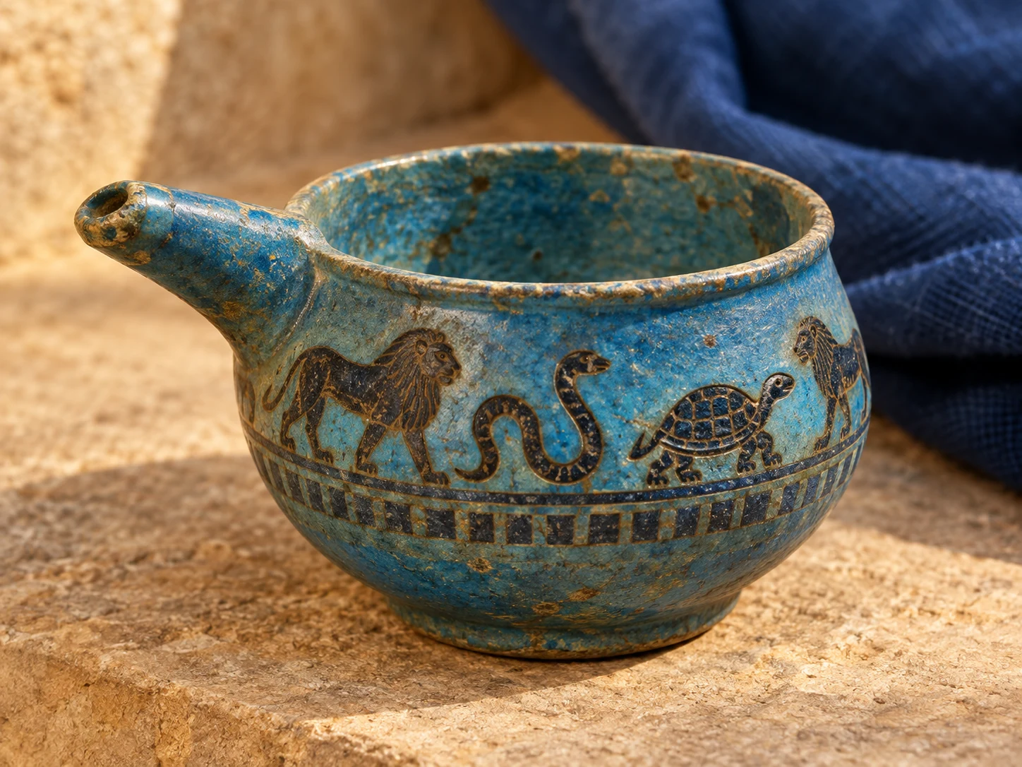 A small aged blue faience cup with a short spout and painted lions, snake and turtle