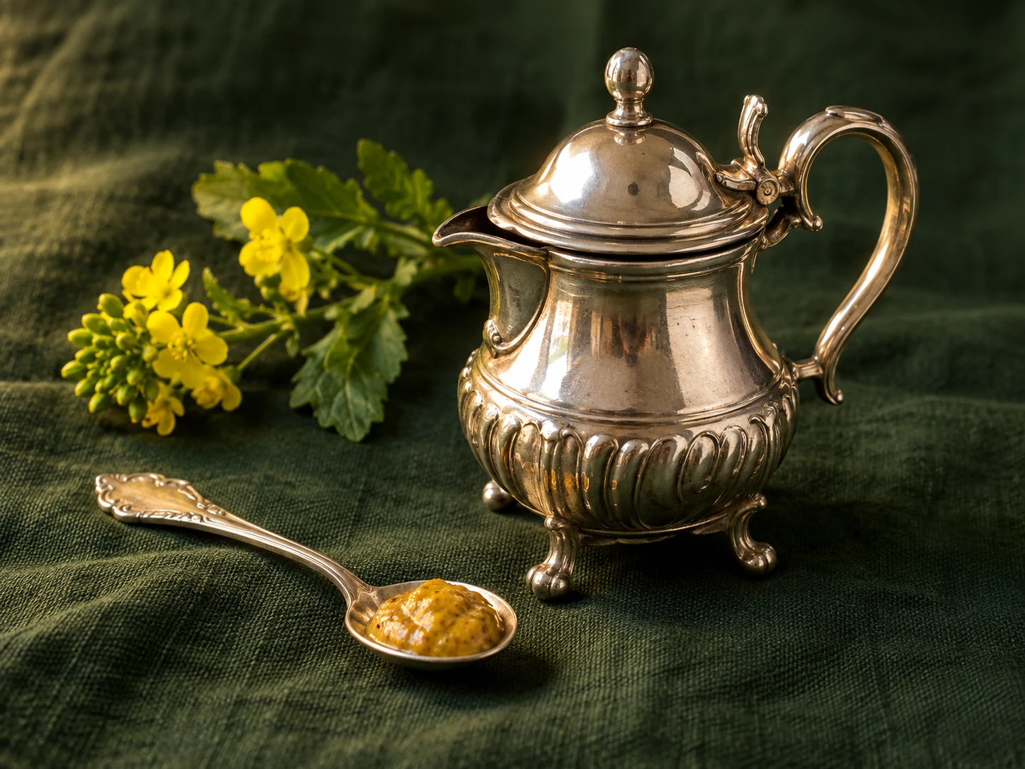A small rounded silver mustard pot with lid, handle and spout beside a spoon of golden mustard