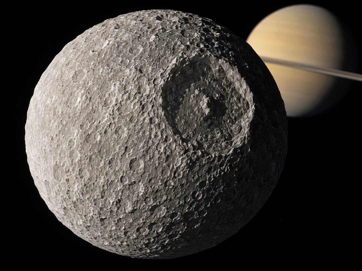 The icy moon Mimas with one enormous round crater and Saturn behind it