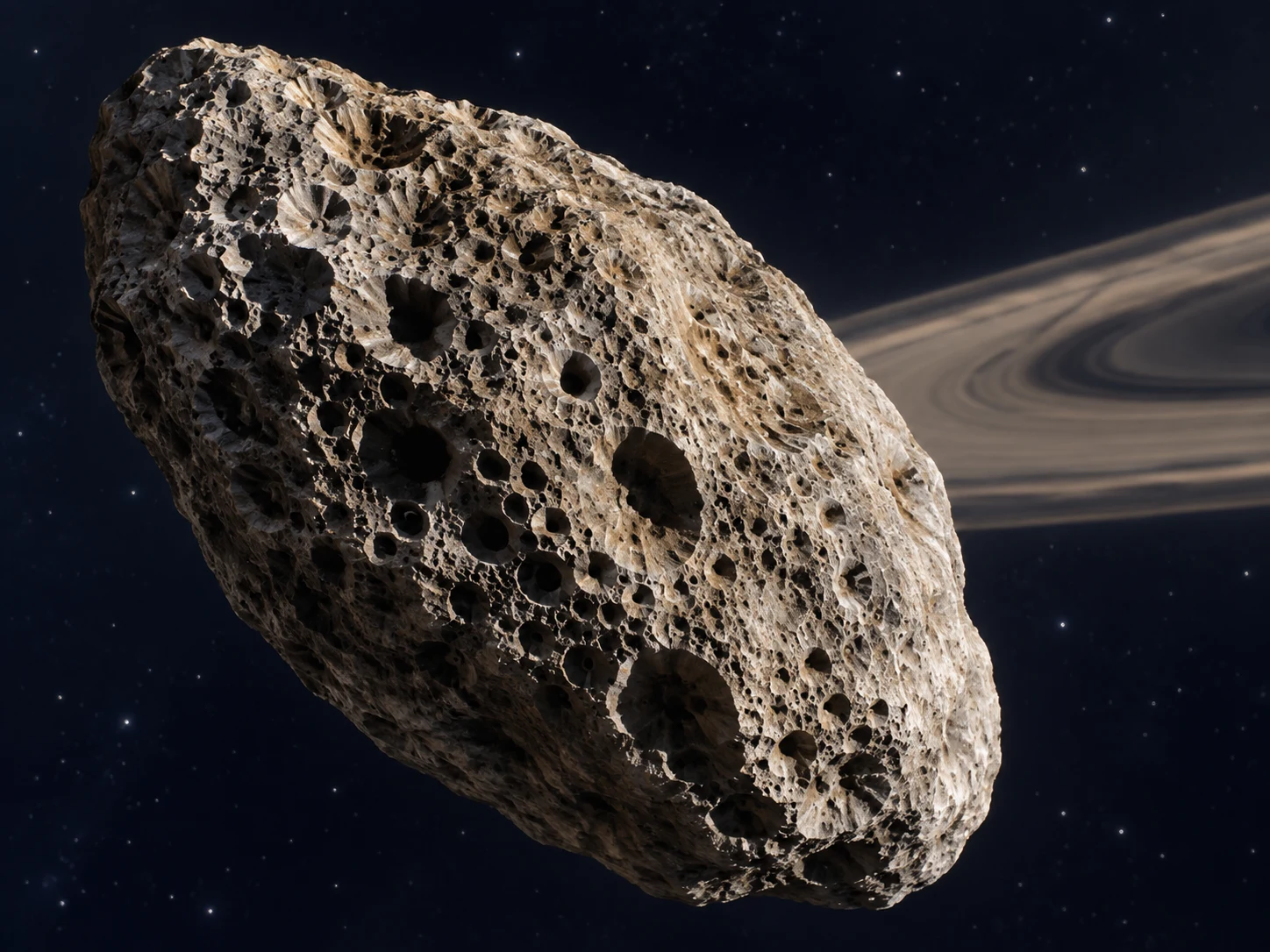 The irregular sponge-like moon Hyperion tilted in space near Saturn's rings