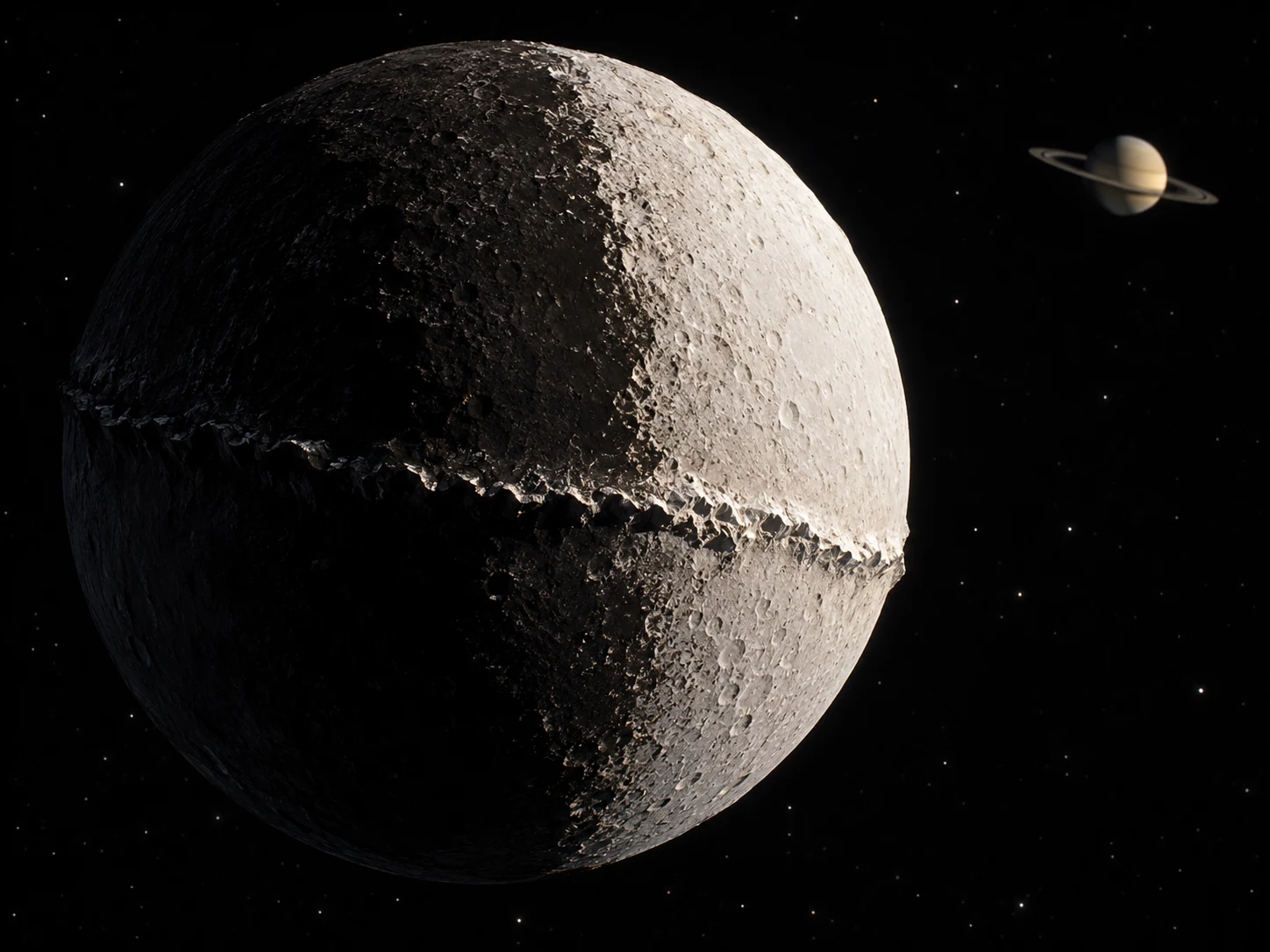 The two-toned moon Iapetus with a jagged ridge circling its equator