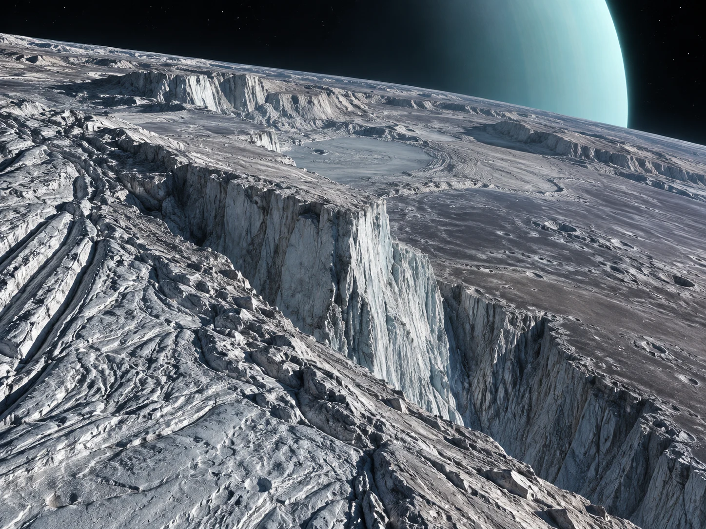 A vast icy cliff crossing Miranda's ridged patchwork landscape with Uranus beyond