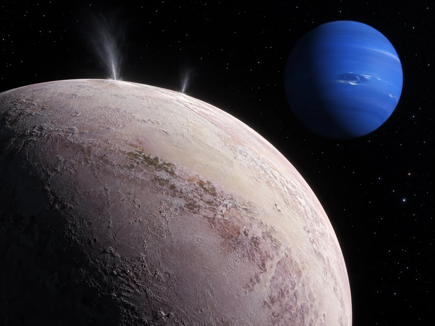 The pale pink icy moon Triton with two slim geyser plumes and blue Neptune behind