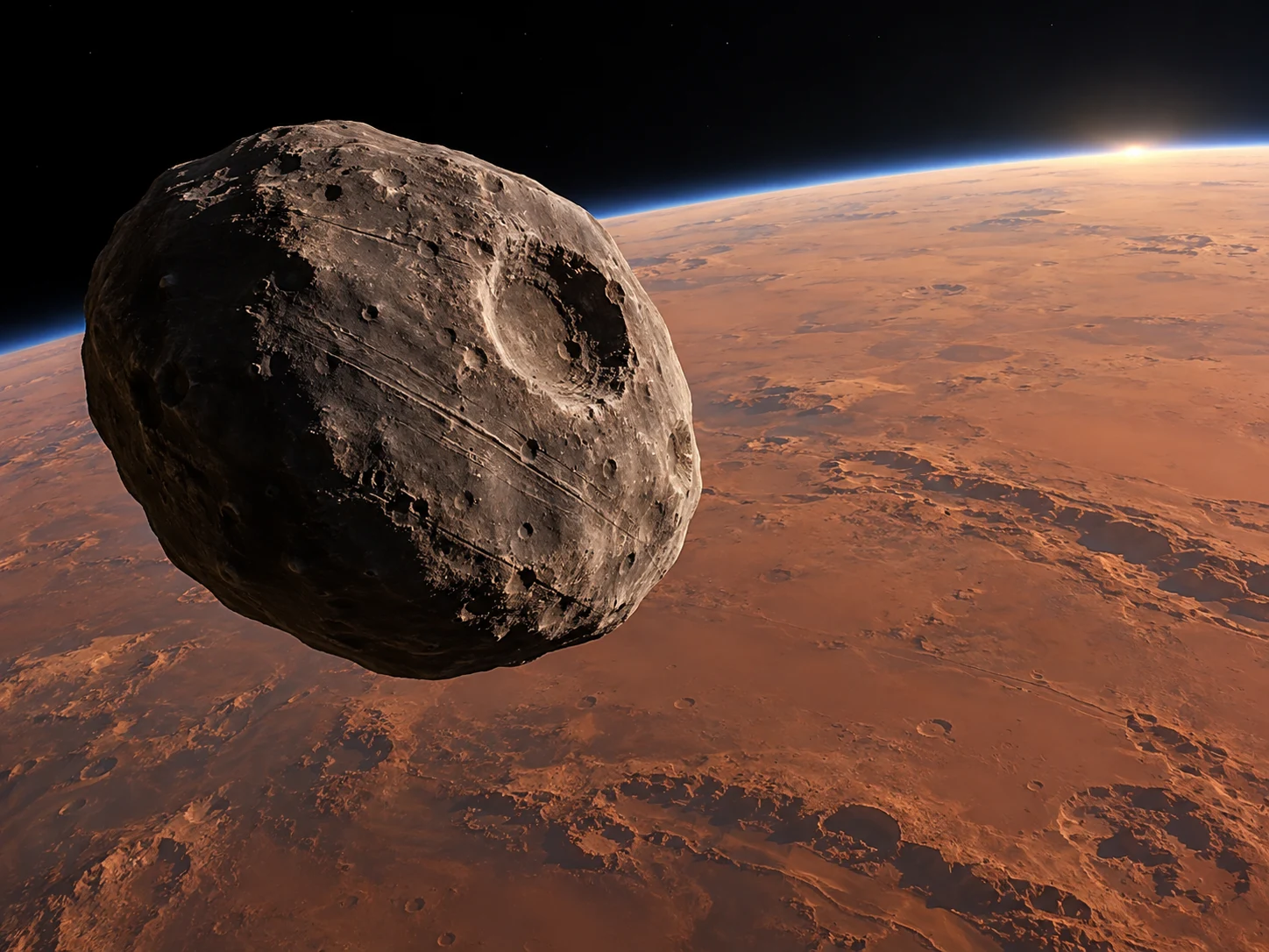 The dark grooved moon Phobos flying close above the curved red surface of Mars