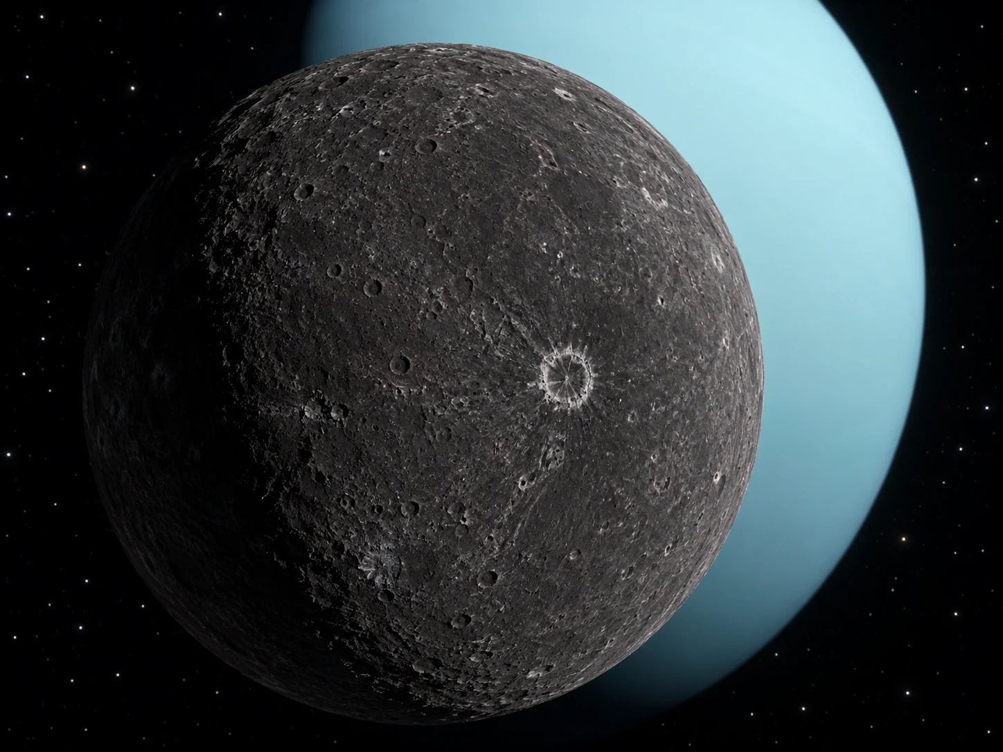 The dark cratered moon Umbriel with one small bright ring and pale blue Uranus behind