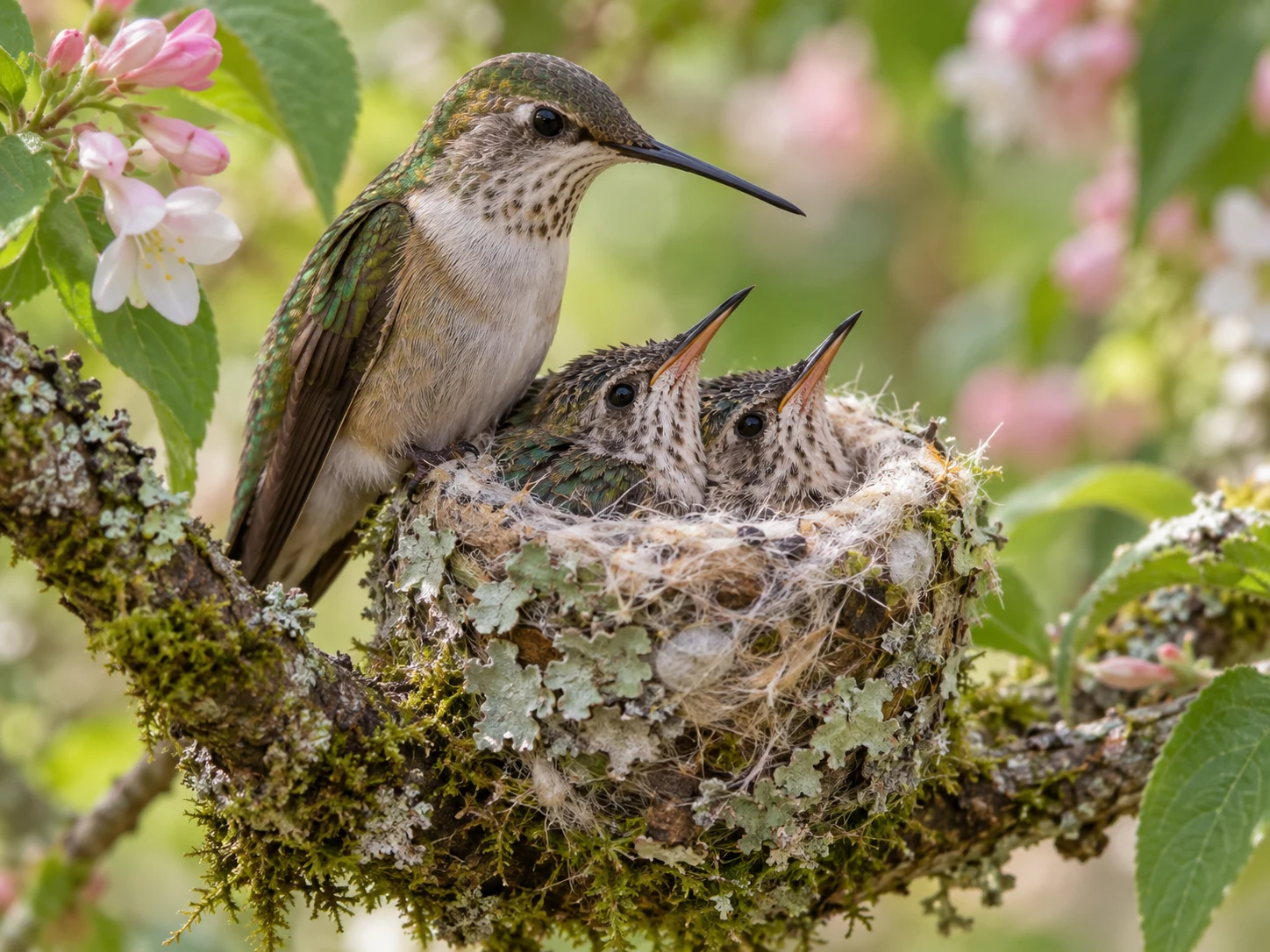 A hummingbird beside two feathered chicks in a lichen-covered cup nest