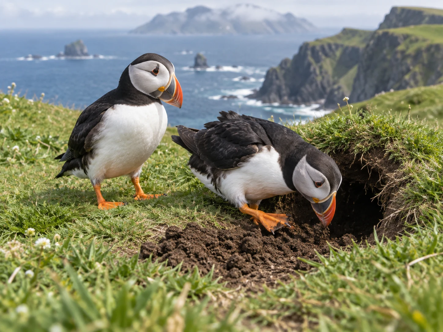 Two Atlantic Puffins digging at a grassy burrow entrance above the sea