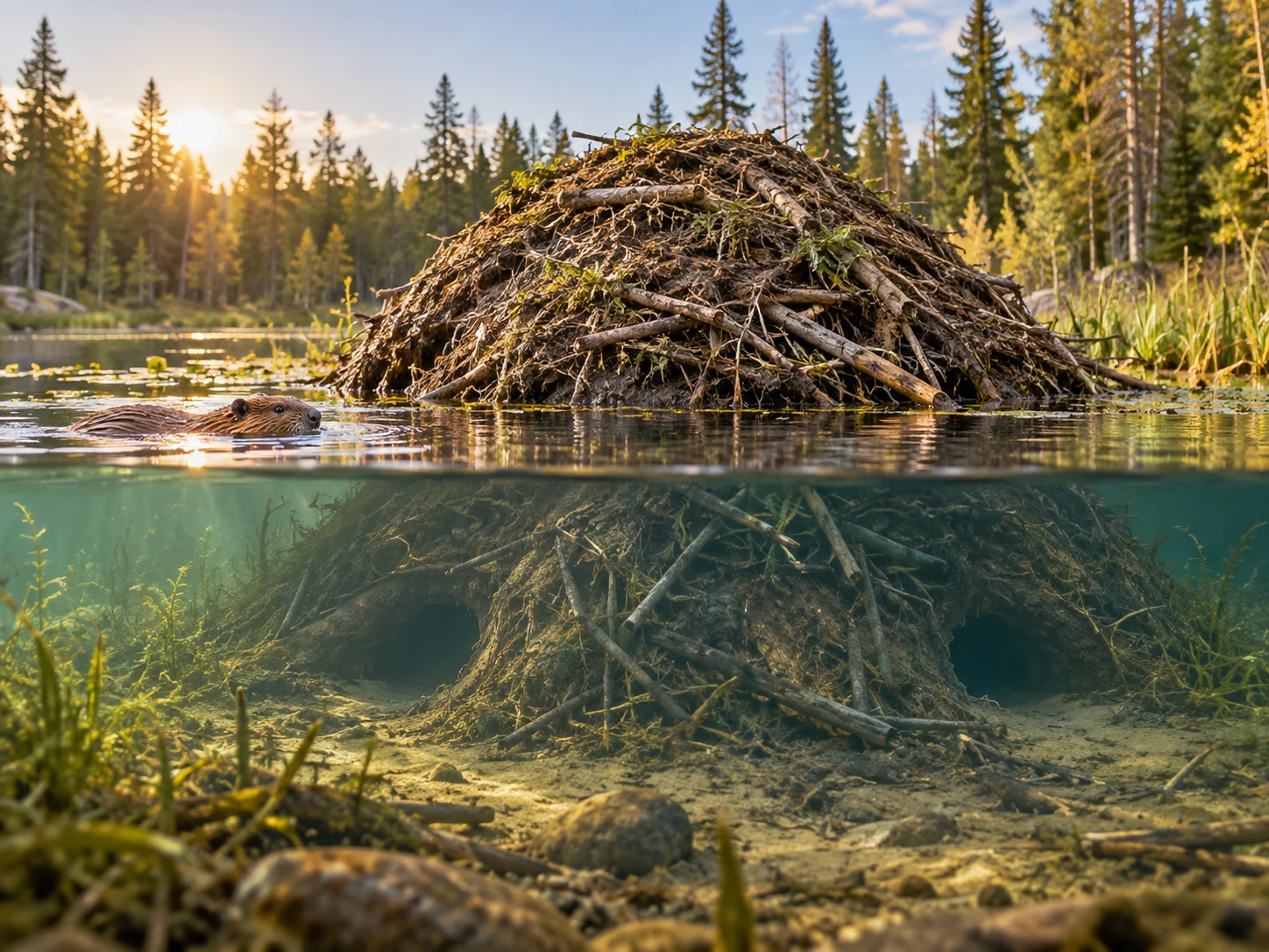 A beaver swimming beside a stick lodge with two entrances visible below the clear waterline