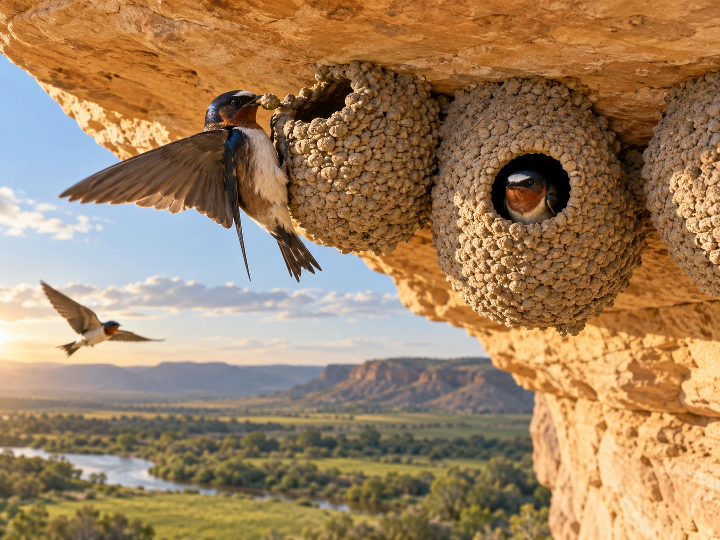 Cliff Swallows adding round mud pellets to gourd-shaped nests under a rock ledge