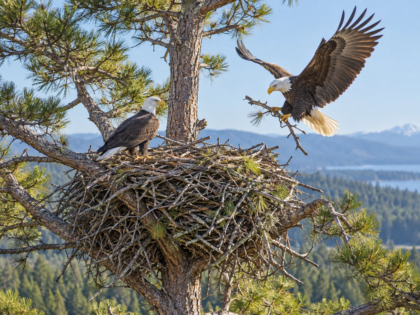 Two Bald Eagles at a very large stick nest high in a pine tree