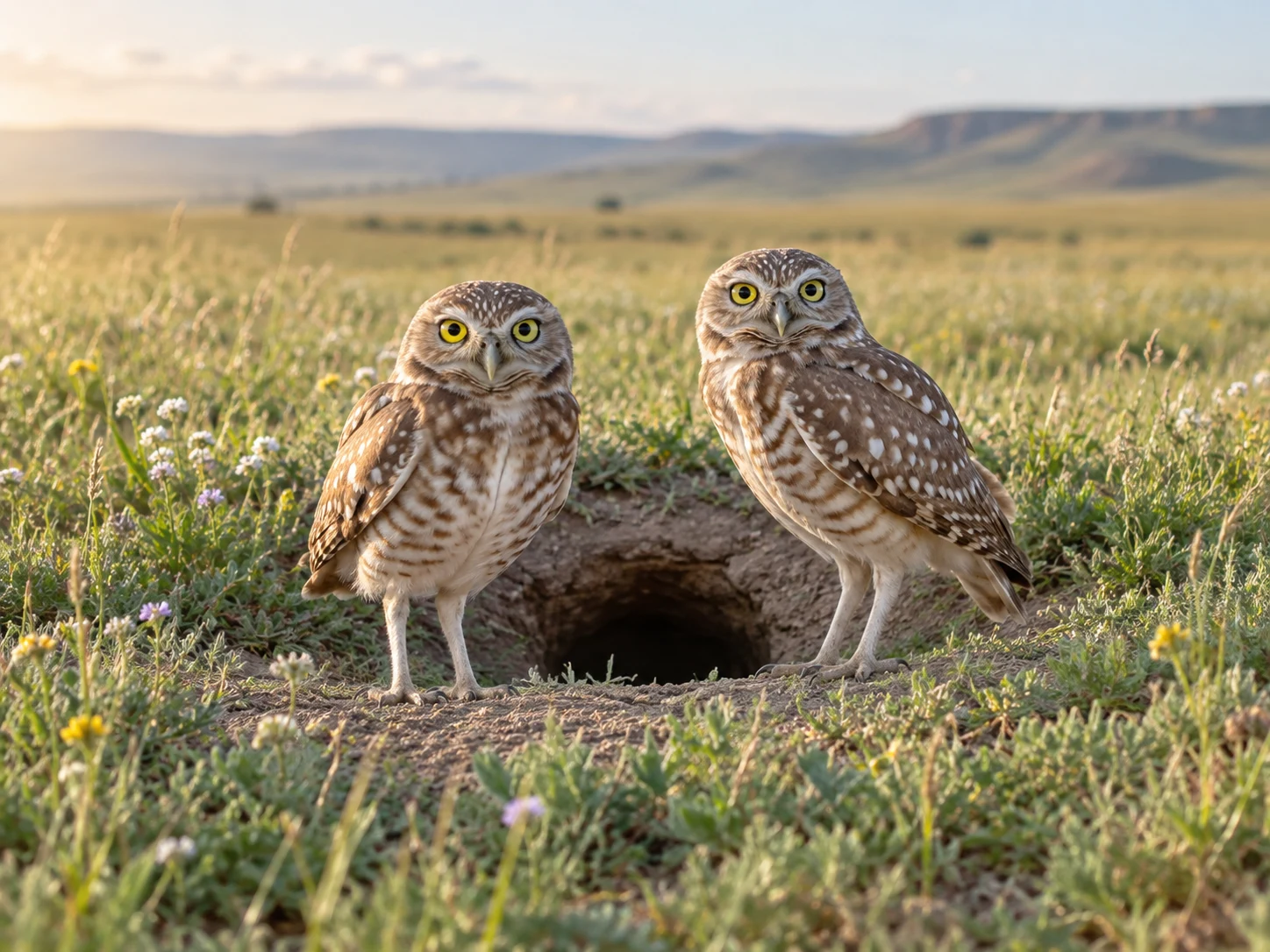 Two Burrowing Owls standing beside a round burrow entrance in short prairie grass