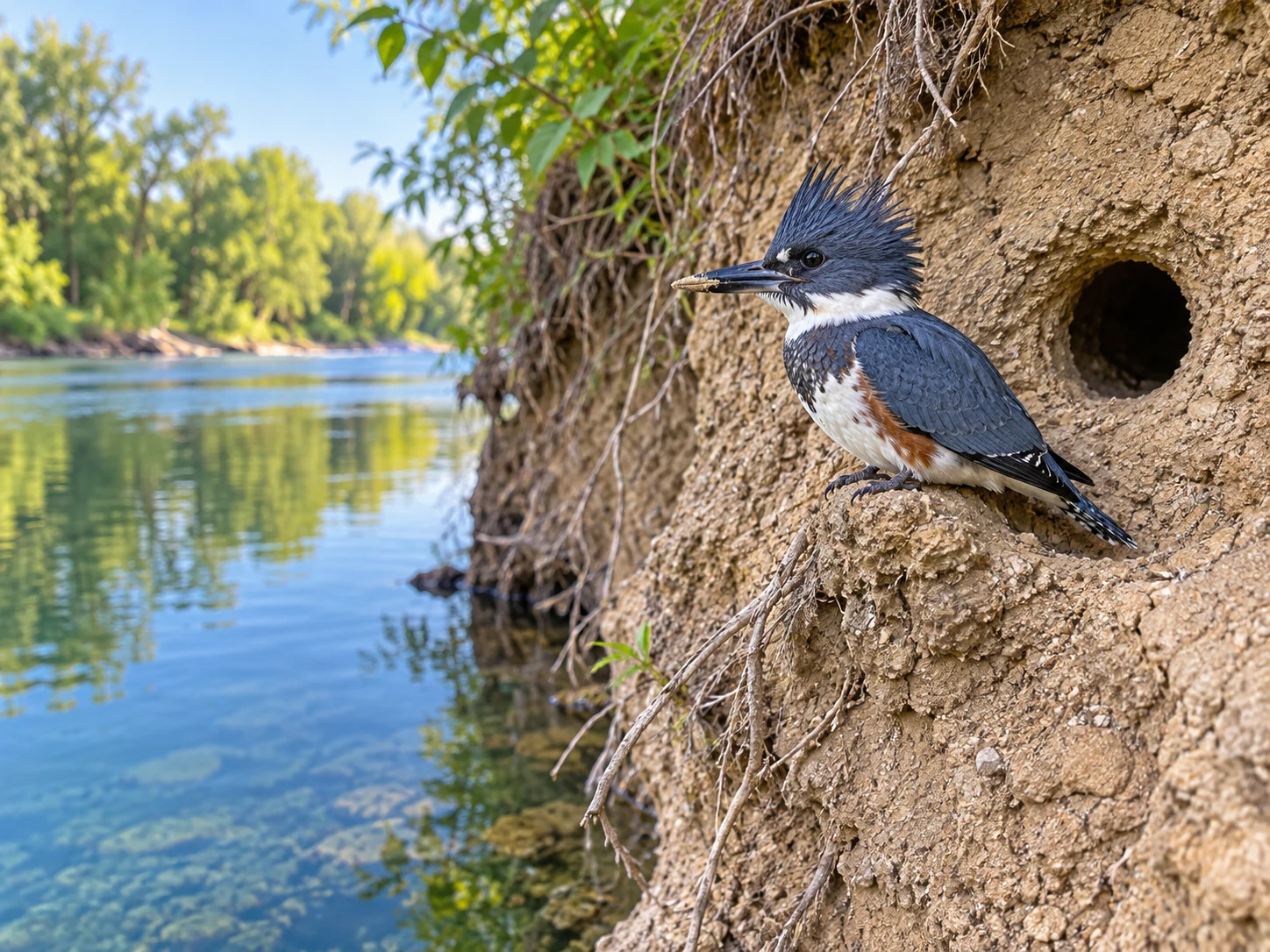 A Belted Kingfisher beside a round tunnel entrance in a sandy riverbank