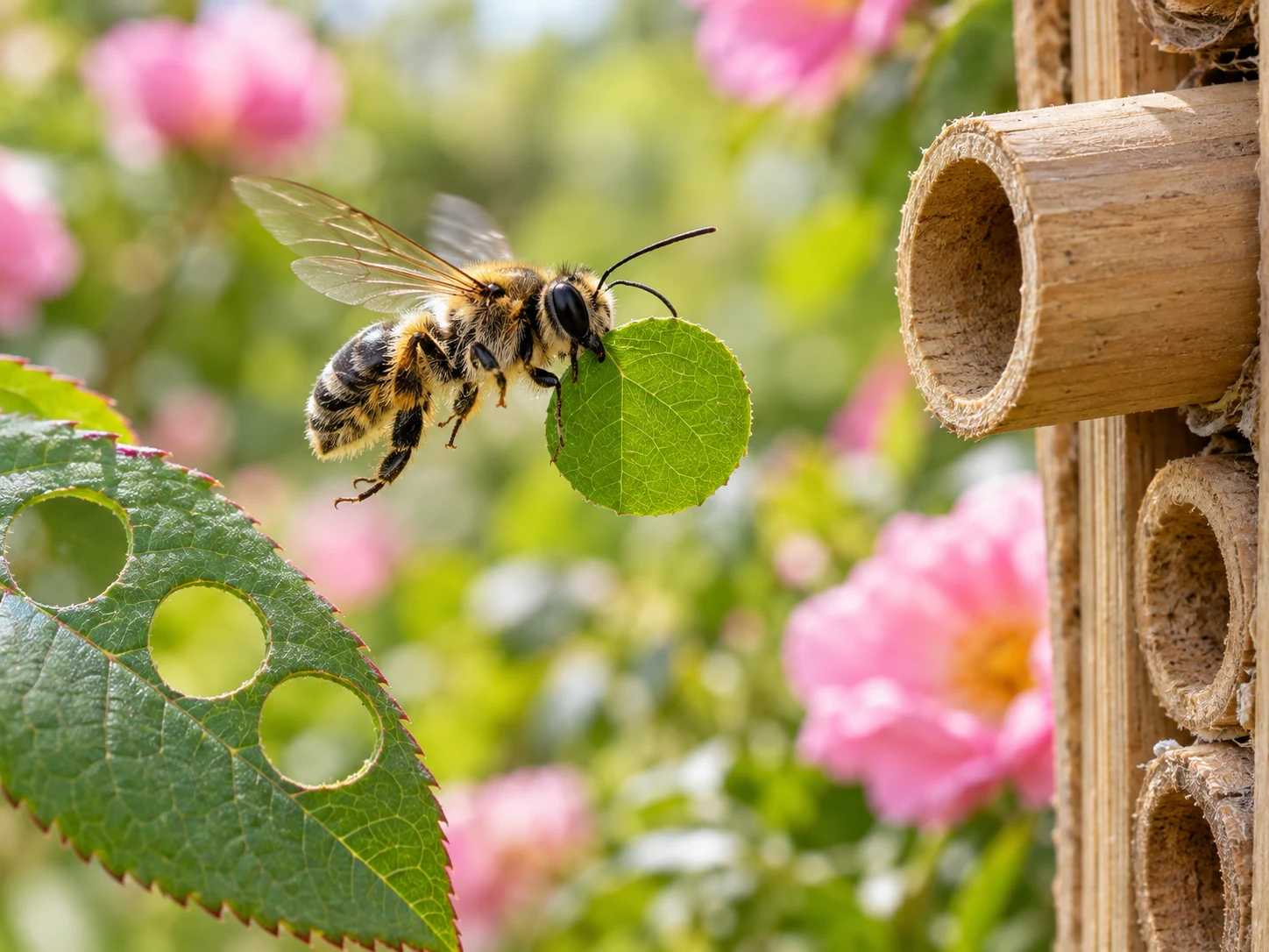 A leafcutter bee carrying a round green leaf piece toward a hollow nesting reed