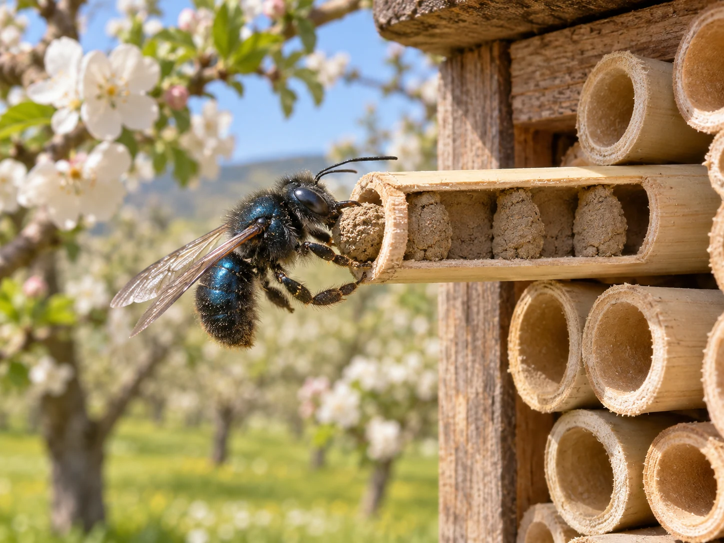 A metallic blue mason bee placing a mud bead into a hollow reed divided by clay walls