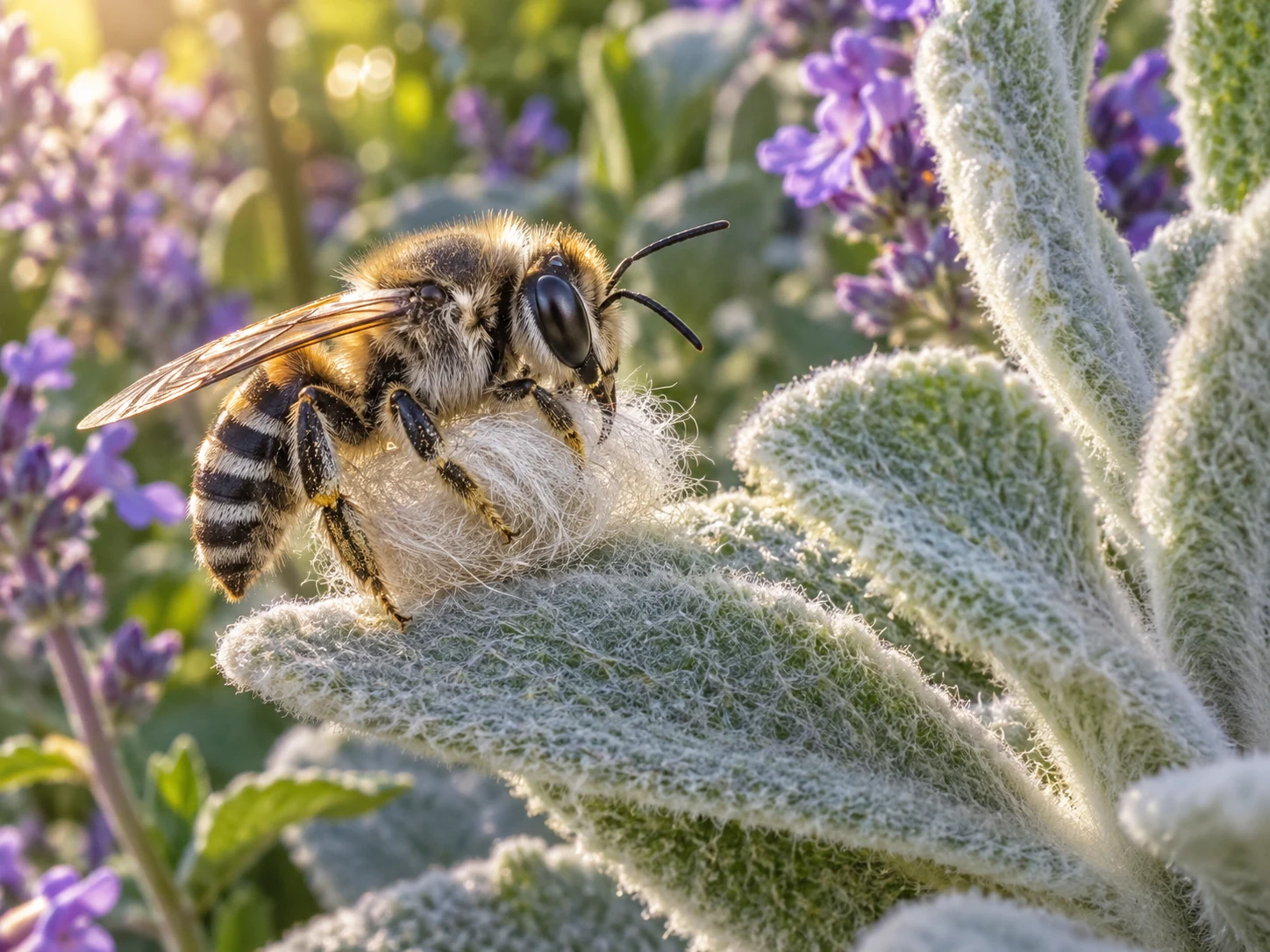 A wool-carder bee holding a silvery ball of plant fibers on a fuzzy leaf