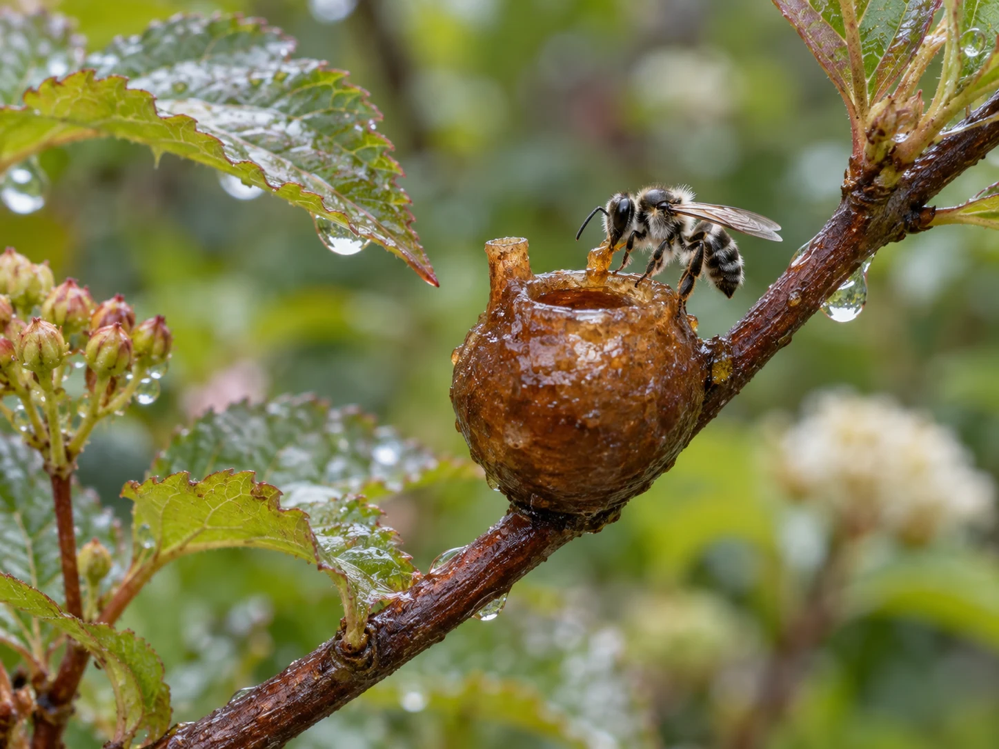 A small resin bee beside a glossy amber pot-shaped nest attached to a wet twig