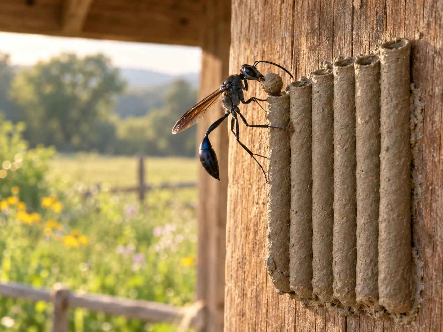 A blue-black mud dauber adding a small clay pellet to a row of long mud tubes