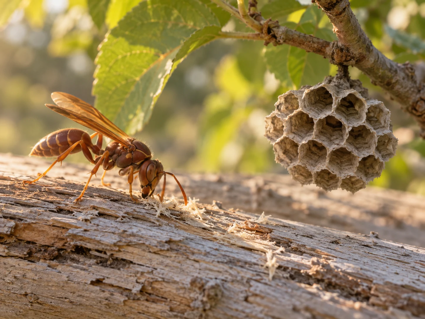 A reddish paper wasp scraping pale wood beside a small gray paper comb