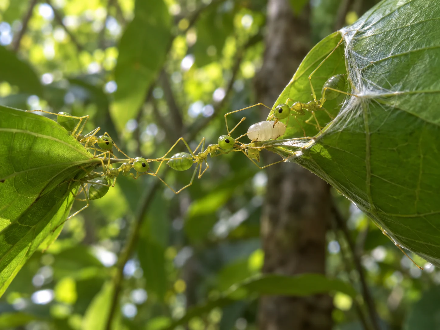 Green weaver ants bridging two leaves while one holds a pale silk-making larva