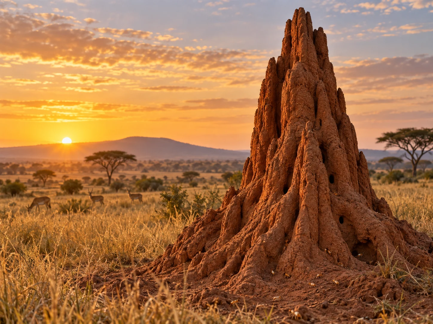 A tall fluted red termite mound glowing in a golden savanna at sunrise