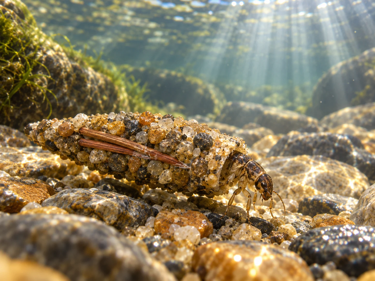 A caddisfly larva underwater in a tapered case of sand grains and pine needles