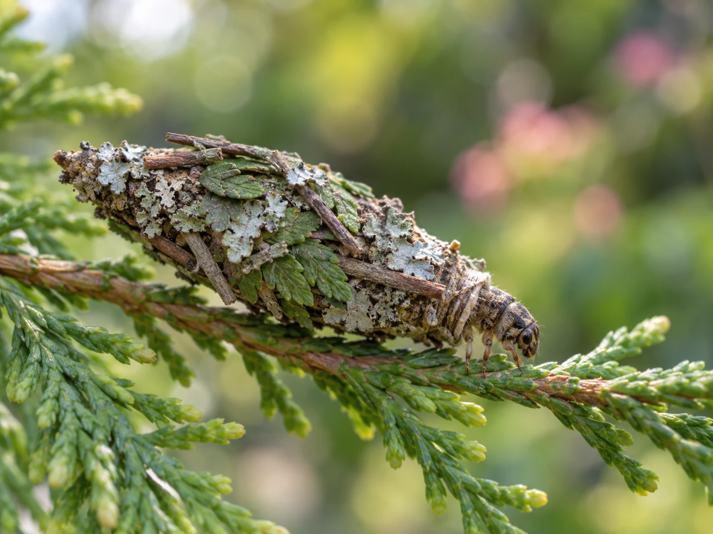 A bagworm caterpillar walking on cedar in a case covered with leaves, lichen and twigs