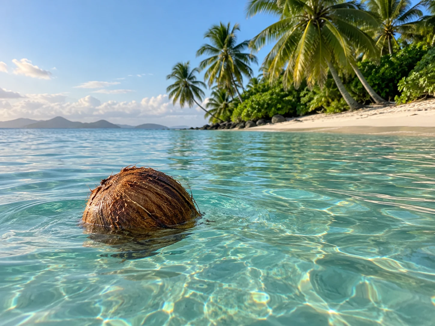 A brown fibrous coconut floating in clear tropical water near a palm-lined beach