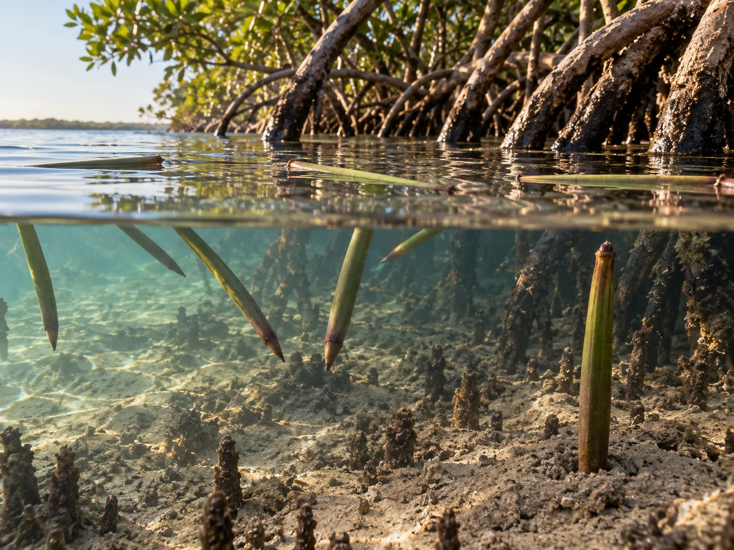 Long leafless mangrove propagules floating beneath mangrove roots with one standing in mud