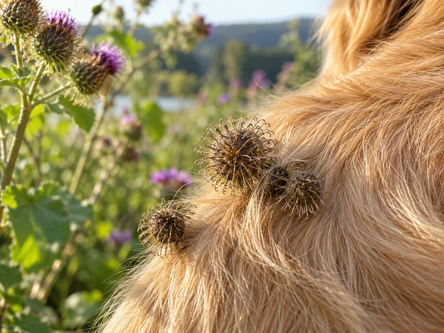 Round burdock burrs with tiny curved hooks caught in soft golden dog fur