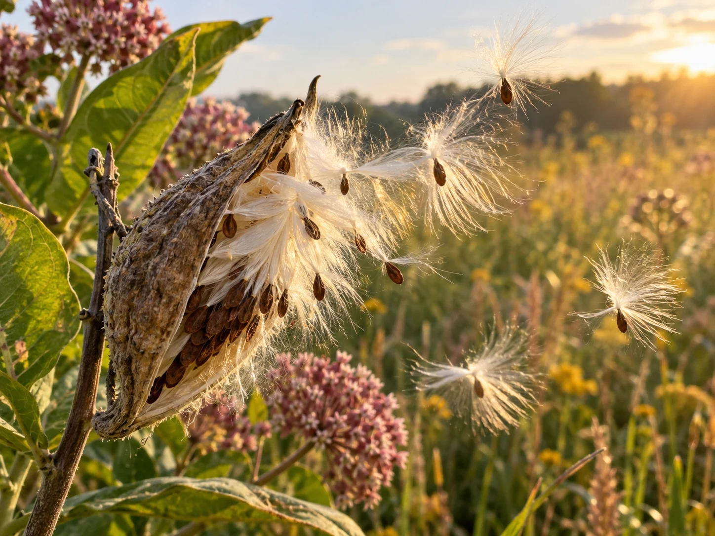 A dry milkweed pod releasing brown seeds on shining white silk tufts