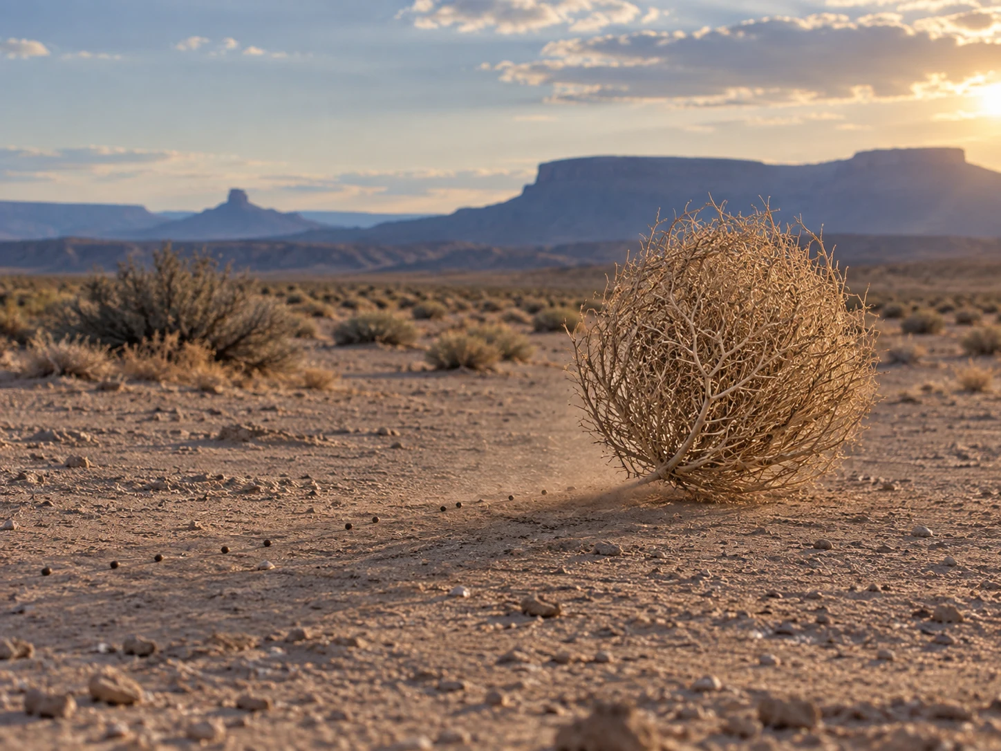 A round dry tumbleweed rolling across a wide desert and leaving tiny seeds behind