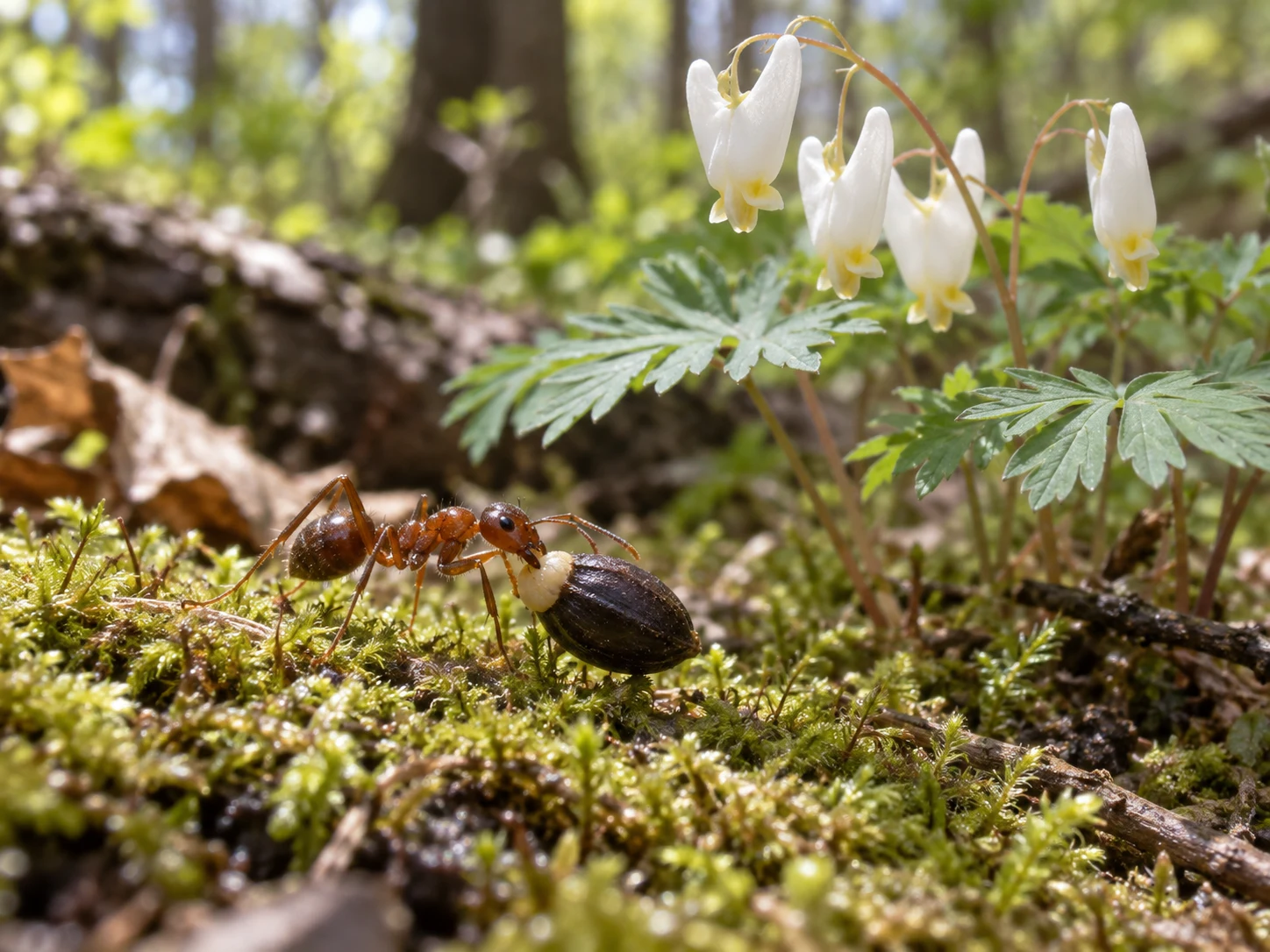 A reddish ant carrying a dark seed by its pale fleshy tip beside white woodland flowers