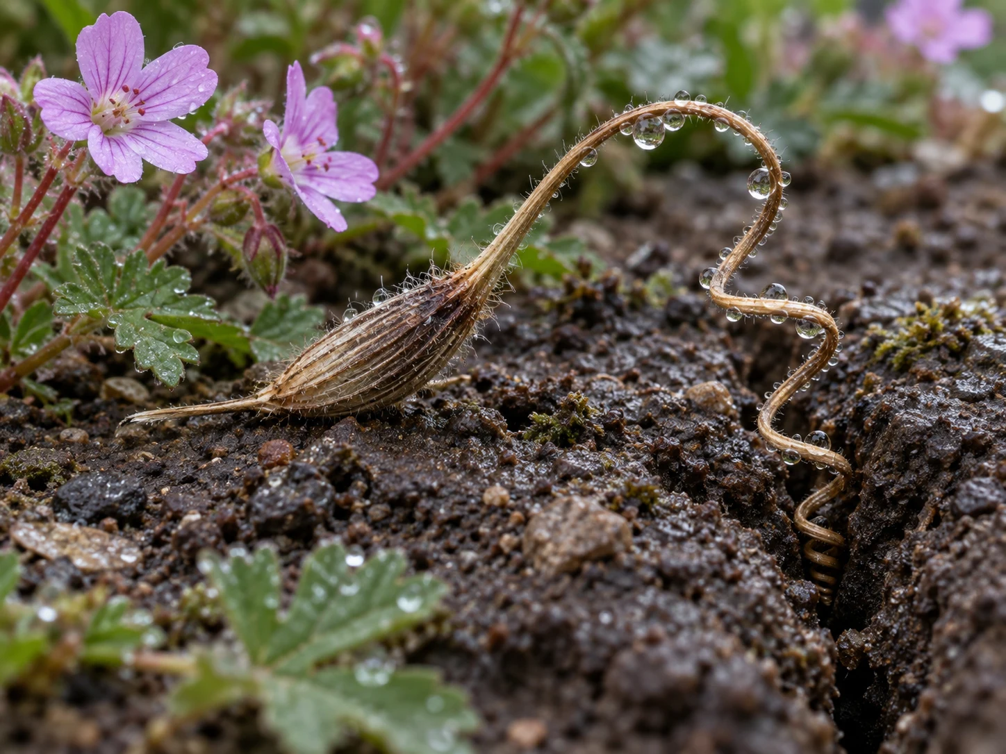 A raindrop-covered stork's-bill seed twisting its corkscrew awn into damp soil