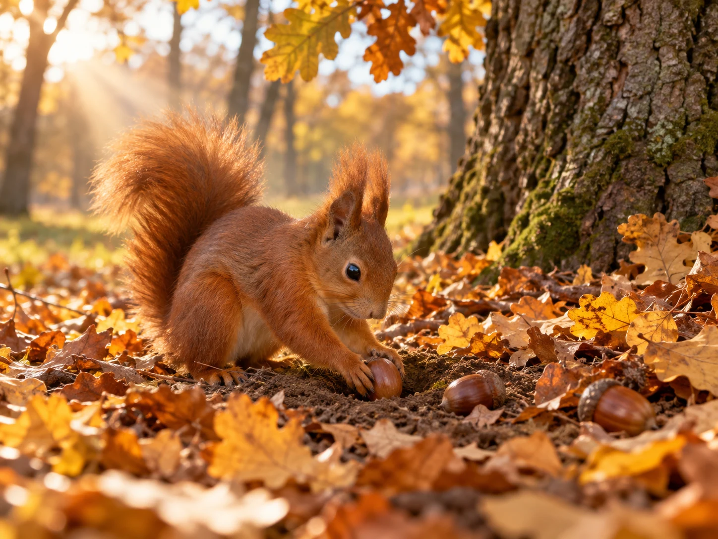 A red squirrel placing an acorn into leaf litter beneath an oak tree