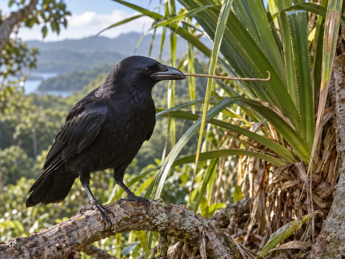 A black New Caledonian crow holding a slender hooked twig beside a pandanus plant